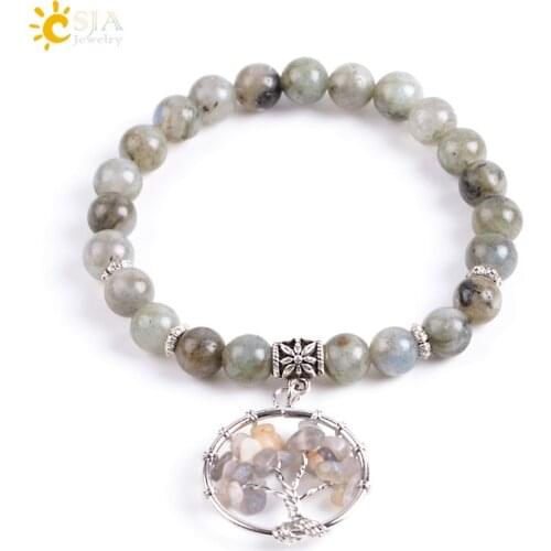 CSJA Natural Energy Stone Women Jewellery Spectrolite Labradorite 8mm Beaded Bracelets Wisdom Tree of Life Charm Bracelet E913