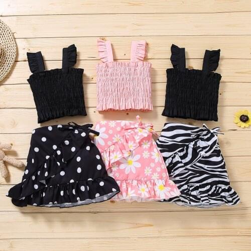 Kids Girl’s Two Piece Set Solid Color Suspender Tank Tops and Floral Printed A-line Short Skirt Children Clothing for Summer