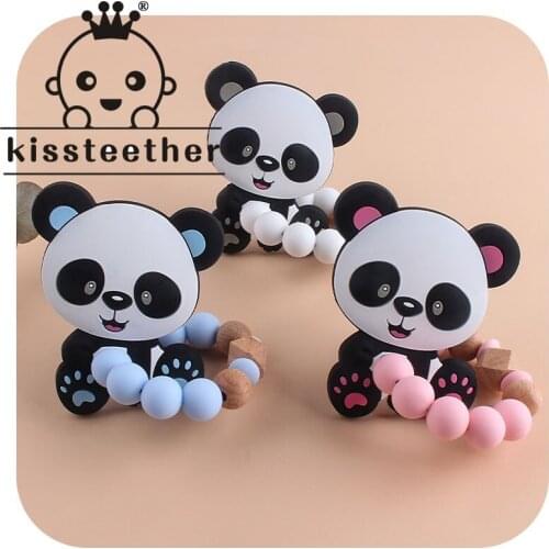 Kissteether 1set Baby Pacifier Chain Holder and Eco-friendly Panda Silicone Beads And Beech Beads Teether Bracelet Shower Gift