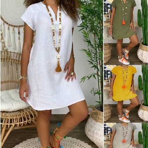 Women Cotton Linen Short Sleeve Dress 2021 Summer V-Neck Solid Color Casual Loose Mini Dresses Women Vestidos Plus Size S-5XL
