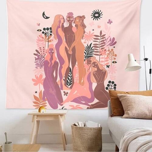 Home Boho Decor Psychedelic Tapestry Sun and Moon Flower Woman Tapestry Art Decoration Bedroom Sofa Background Decoration Mural
