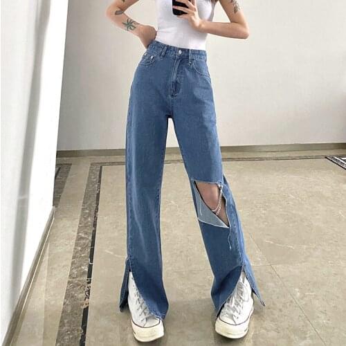 Solid Hole Chain Jean Casual Loose Button Fashion Y2k Pant High Waist Wide Leg 2021 Summer Pocket Thin Sexy Split Women Jean