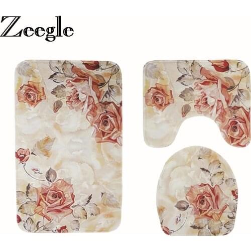 Europe Floral Bath Mat Bathroom Shower Room Toilet Rugs Bathroom Foot Mat Non-slip Bath Carpet Rugs Absorbent Bathroom Rug Set