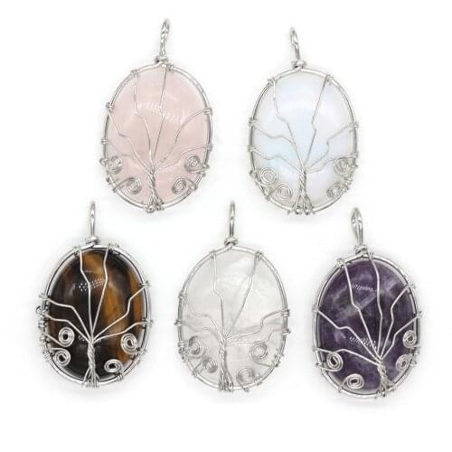 KFT Silver Plated Wire Wrapped Tree of Life Oval Shape Amethysts Rose Pink Quartz Tiger Eye Stone Pendant Jewelry