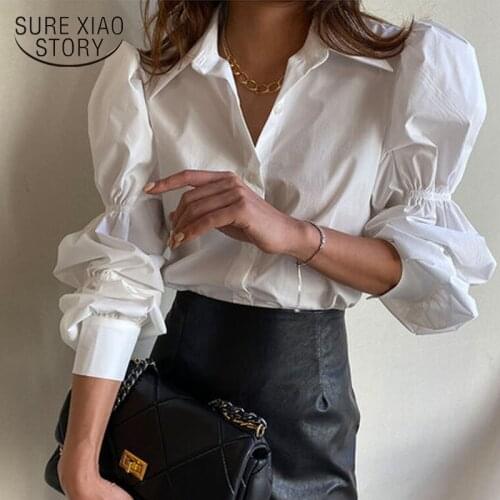 Korean Chic Early Spring Versatile Simple Lapel White Blouse Bubble Sleeve Single Breasted Relaxed Straight Sleeve Shirt 12900