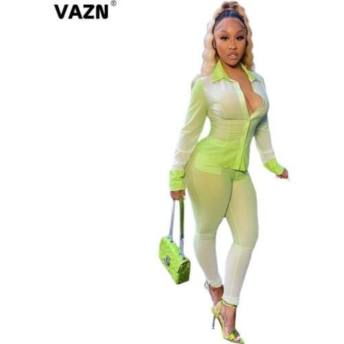 VAZN Summer Night Club Young Lady Sets Print V-neck Casual Bandage Bodycon Lady Sexy 2020 Set full sleeve 2 Piece Sets