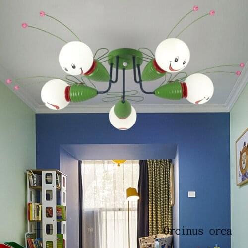 Cartoon creativity small bee ceiling lamp boy bedroom children room light modern simple LED green insect ceiling lamp