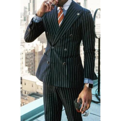 2021 Black Striped Suit Men Vintage Tailored Slim Business Suits Dinner Suits Prom Dresses Groom Wear Two Pieces(Jacket+Pants)