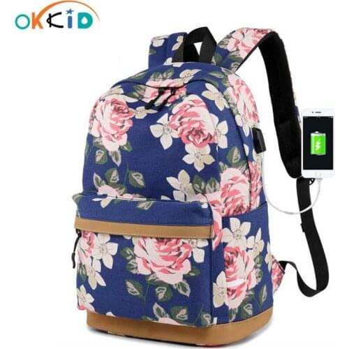 OKKID kids floral school backpack usb charge book bag school bags for teenage girls chinese style female floral backpack backbag