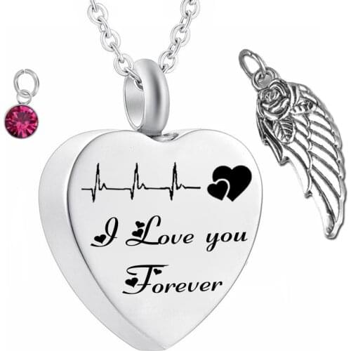 I love forever Birthstone Memorial Necklace for Ashes Cremation Necklace Electrocardiogram stainless steel Memorial wing Pendant