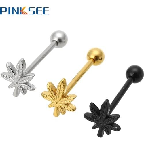 Sexy Leaf Weed Shaped Barbell Tongue Ring 16G Stainless Steel Body Piercings Jewelry For Men Women Ear Tragus Labret Nose Studs