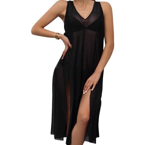 Sexy Women Spilt Beach Dress Cover Ups Solid Color Sheer Sleeveless Bikini Cover Short/Long Skirt with Side Slits for Girls