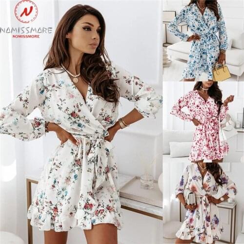 Fashion Women Print A-Line Dress for Streetwear Irregular Design Ruffles Bandage Decoe V-Neck Long Sleeve High Waist Slim Dress
