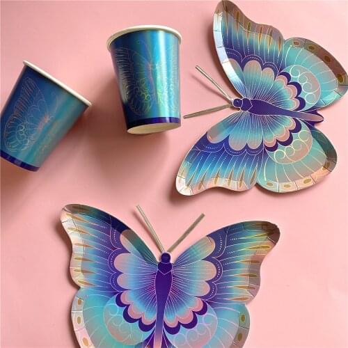 Happy Birthday Colorful DIY Butterfly Tableware Paper Plates Cups Wedding Party Decoration Supply
