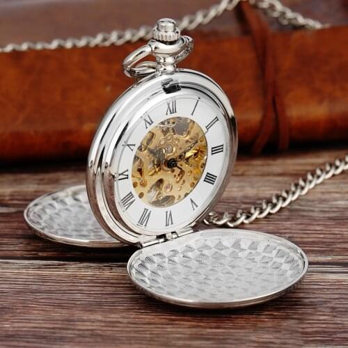 Special Double Open Flip Cover Pocket Watch Men Women Silver Smooth Manual Mechanical Roman Numerals Dial Pendant Clock Gift