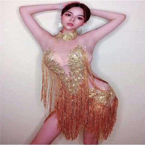 T32 Women performance stage dance costume gold tassel see -through mesh dress female rhinestone bodysuit crystals outfit singer