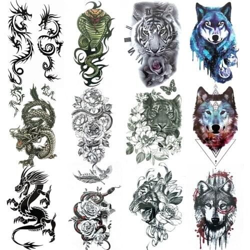 Cool Dragon Fake Tattoo Sticker For Men Women kids Snake Flower Temporary Tattoos Colored Wolf Washable tattoo For Body Art