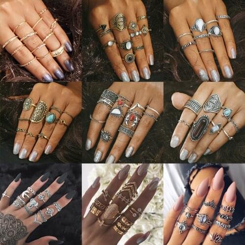 Yobest 33 Styles Women Bohemian Vintage Crown Wave Flower Heart Lotus Star Crystal Opal Joint Ring Party Jewelry Ring Set