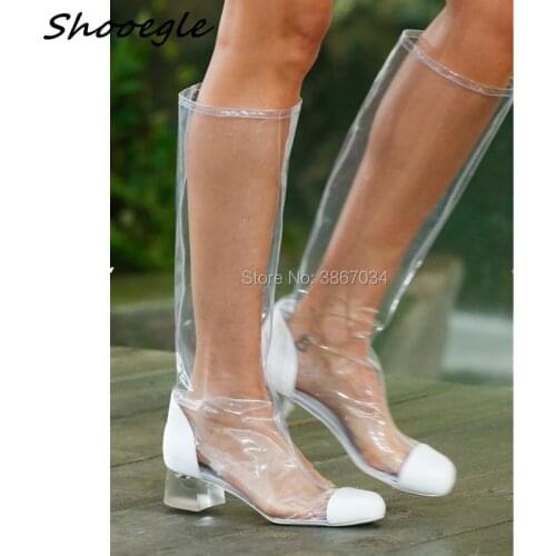 SHOOEGLE 2018 Trend Plastic Bag Boots Chunky Heel Knee High Gladiator Women Sandals Clear PVC Transparent Runway Summer Boots