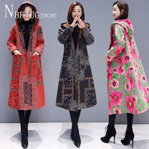 Ethnic Long Chinese Style Women Parkas Thick Hooded 2020 New Female Jacket