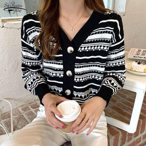 Autumn 2021 Korean New Sweater Coat Retro Shirt Check Long Sleeve Single Breasted Striped Loose Knit Cardigan Tide Ladies 17063