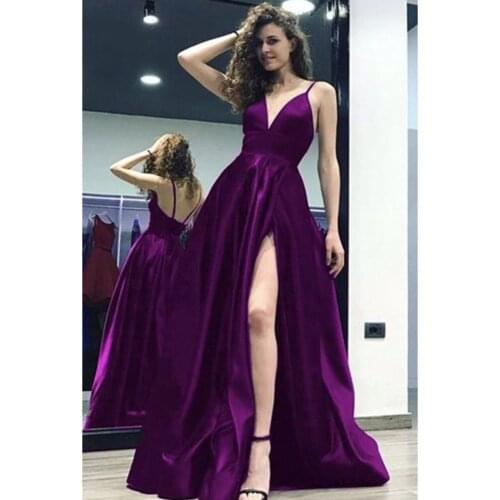 2019 Spaghetti straps Purple Sexy Long Dress Slit side Formal Evening Dress Reflective Prom Party Dress vestido longo festa