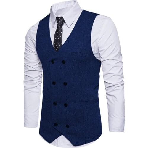2020 New Mens Royal Blue Double-breasted Vest Suit Vest Casual Top Quality Herringbone Pattern Waistcoat For Wedding