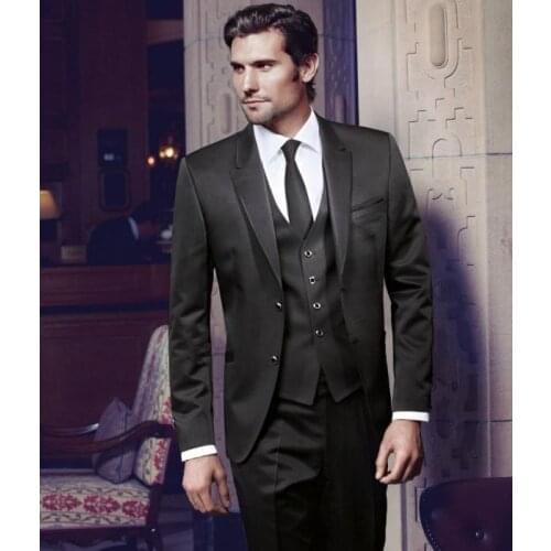2018 High Quality Two Buttons Black Groom Tuxedos Peak Lapel Groomsmen Best Man Wedding Prom Suits (Jacket+Pants+Vest+Tie)