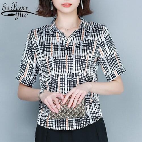 2021 Summer New Fashion Plus Size Square Collar Short-sleeved Womans Blouse Printed Satin Silk Shirts Office Lady Style 9219 50