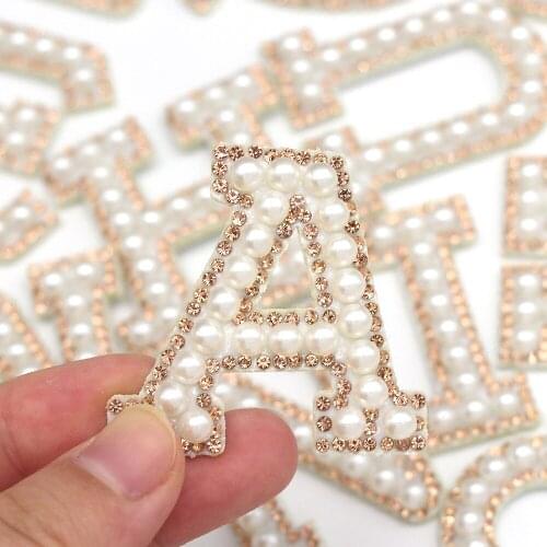 26 Letter Gold Rhinestone Pearl English Alphabet Patches 3D Beaded Stickers Mixed Embroidery Patch For Clothing DIY Accessories