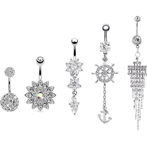 5pcs Crystal Body Piercing Dangle Belly Button Rings Barbell Jewelry Set Gold/Silver for Women