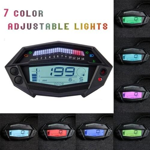 7 Colors LCD Motorcycle Speedometer Odometer Tachometer Fuel Level Gauge Indicator Clock White Backlight