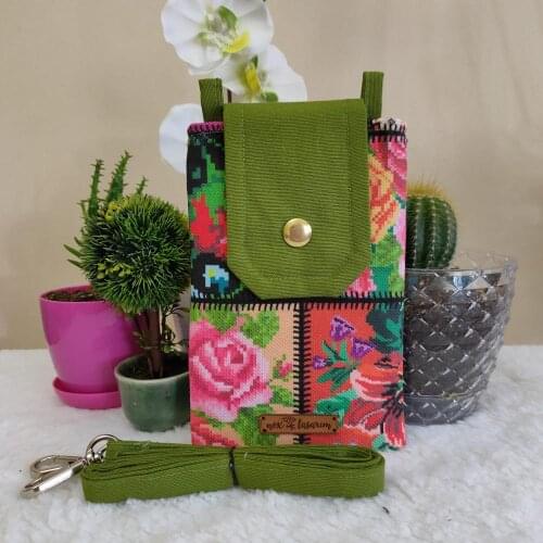 Cross Stitch Patterned Khaki Green Phone / Mini Bag