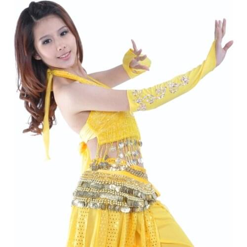 8-12 years old Kid girl children sequins belly latin dancing costume party flower girl fingerless long gloves free shipping