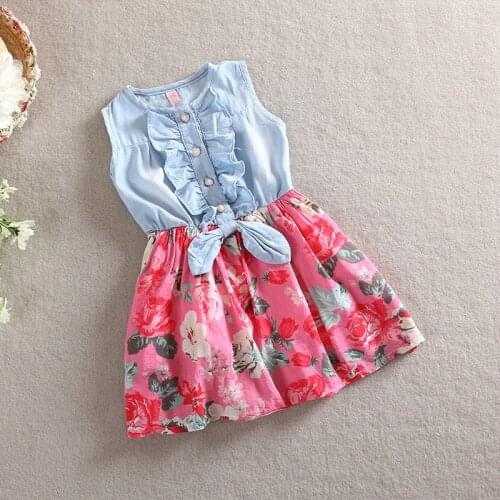 Cute Summer Kids Toddler Girls Clothes Sleeveless Denim Splice Floral Print Bowknot Dress for Girls
