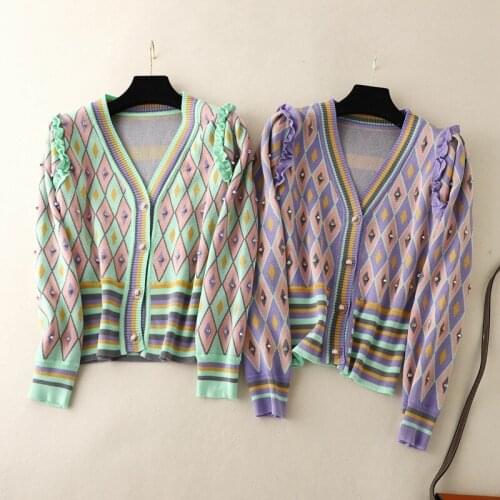 Heavy industry beaded elegant cardigan new autumn 2021 winter plaid jacket slim temperament top knit sweater retro cardigans