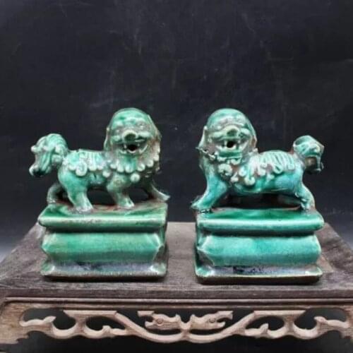 Chinese Old Marked Green Glazed Pair Porcelain Foo Dog Palace Lions Collection