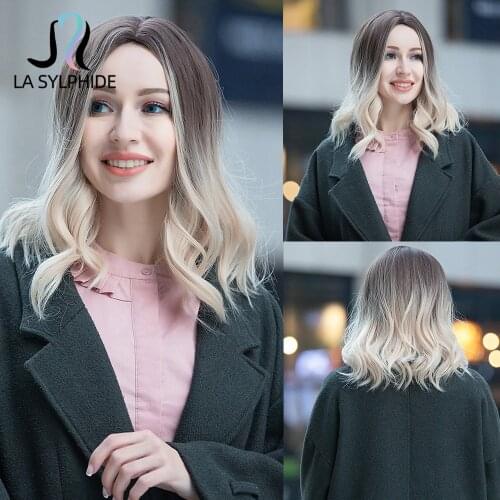 La Sylphide Medium Long Wave Root Deep Brown Ombre Bright Gold Middle Part False Hair Wigs for Woman Daily Party Heat Resistant