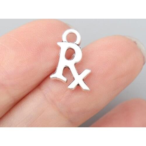 10PCS 10*15mm RAINXTAR Fashion Antique Silver Plated Alloy RX Pharmacy Symbol Charms Medical Charms