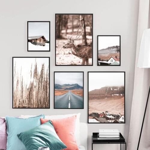 Wall Art Canvas Painting Snow House Grass Land Deer Nordic Posters And Prints Wall Pictures For Living Room Salon Decoration