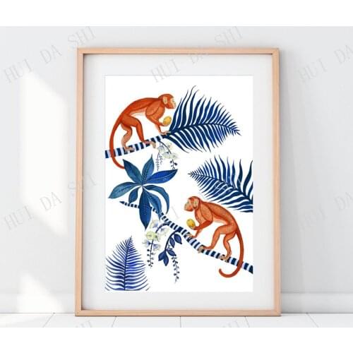 Monkey Botanical Animal Modern Art Watercolour Print Hollywood Regency Hamptons Decor