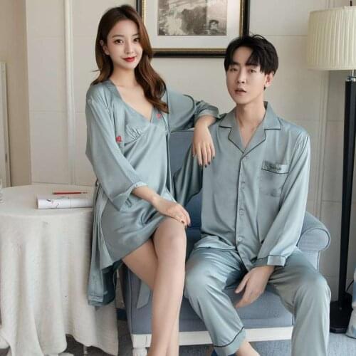 Autumn Men Pajamas Set Sleeping Gown Long Sleeve Nightgown Couple Lovers Pajamas 2pcs Plus Size Leisure Loose Pyjamas Wedding