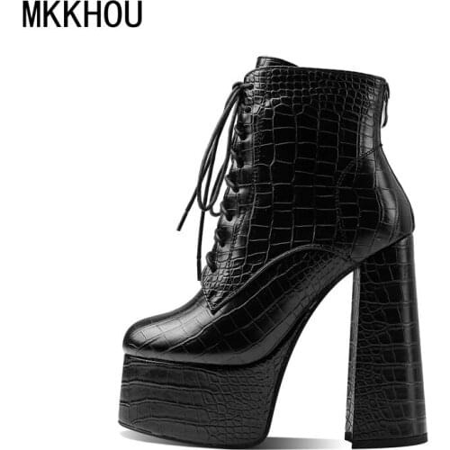 MKKHOU Fashion Short Boots Womens New Four Seasons Boots Round Toe Strap Platform Super High Heel Ankle Boots Large Size 34-43