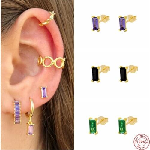 Aide 925 Sterling Silver Colorful Rainbow Square Stud Earrings White Purple Gemstone Piercing Ohrringe Pendiente Fine Jewelry