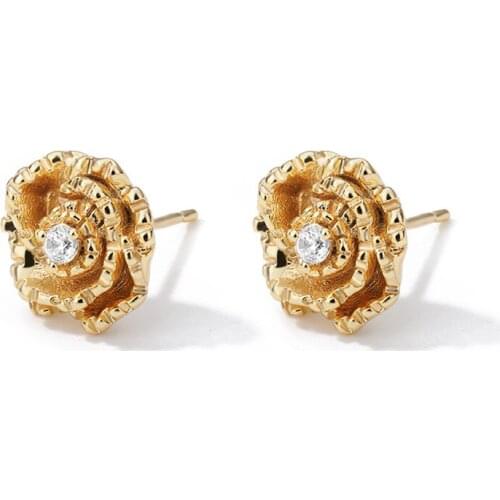 Zircon Crystal Rose Flower Round Small Stud Earrings For Women Female Stainless Steel Lovely Tiny Jewelry Valentines Day Gift