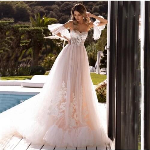 Detachable Sleeve Wedding Dress 2021 A-Line Sweetheart Appliques Sequins Backless Tulle Sweep Train Bride Gown Vestidos De Noiva