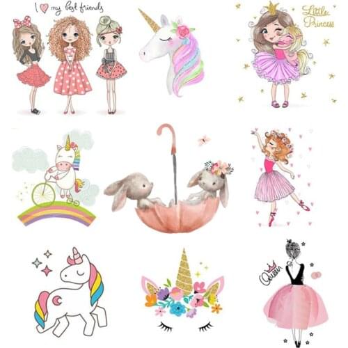 DIY Cartoon Thermal Transfer Stickers Printed Ironing Unicorn Girls Applications For Clothing Fusible Shirt Iron Clothes Patches
