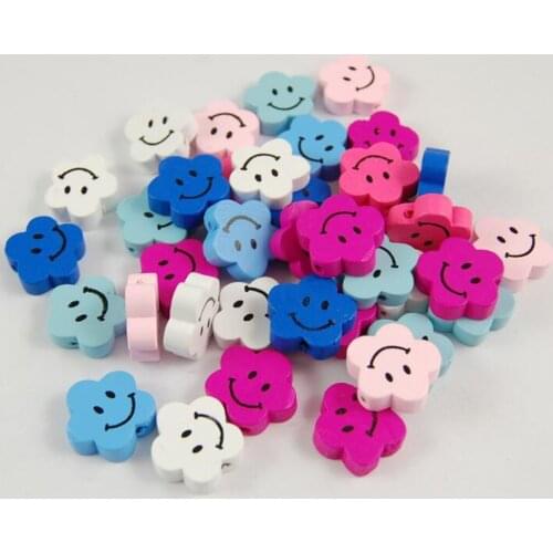 DIY Ornament Childrens Handmade Bead Scattered Environmental Protection Color Plum Blossom Printed Smiling Face Wooden Bead