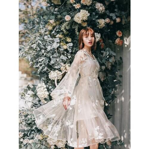 Spring Vintage Elegant Embroidery Everyday Mesh Midi KoreanSweet Beach Casual Women Summer Long Dress Clothes