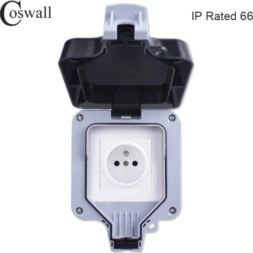 Coswall IP66 Weatherproof Waterproof Outdoor White Black Wall Power Socket 16A French Polish Standard Outlet Grounded